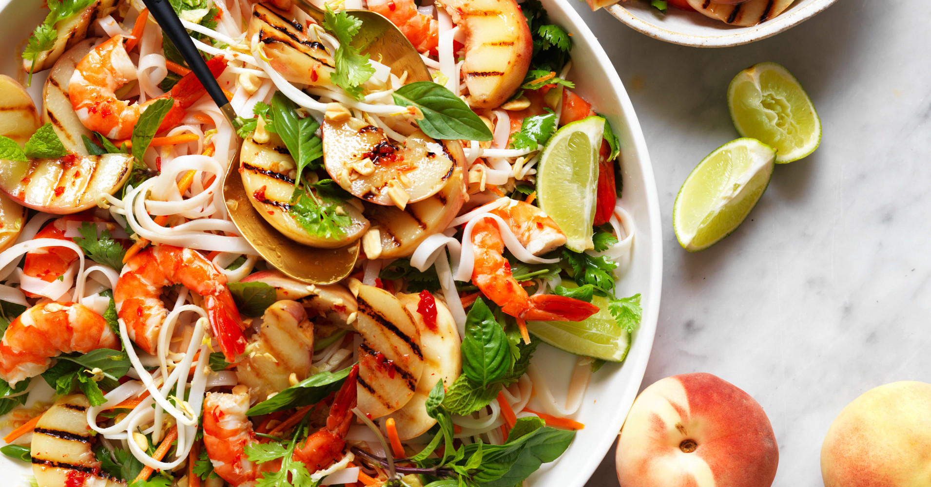 Char-grilled Peach and Prawn Pad Thai Noodle Salad Recipe | myfoodbook